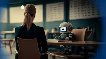 Un robot pequeño entrevistando a una persona en una oficina.